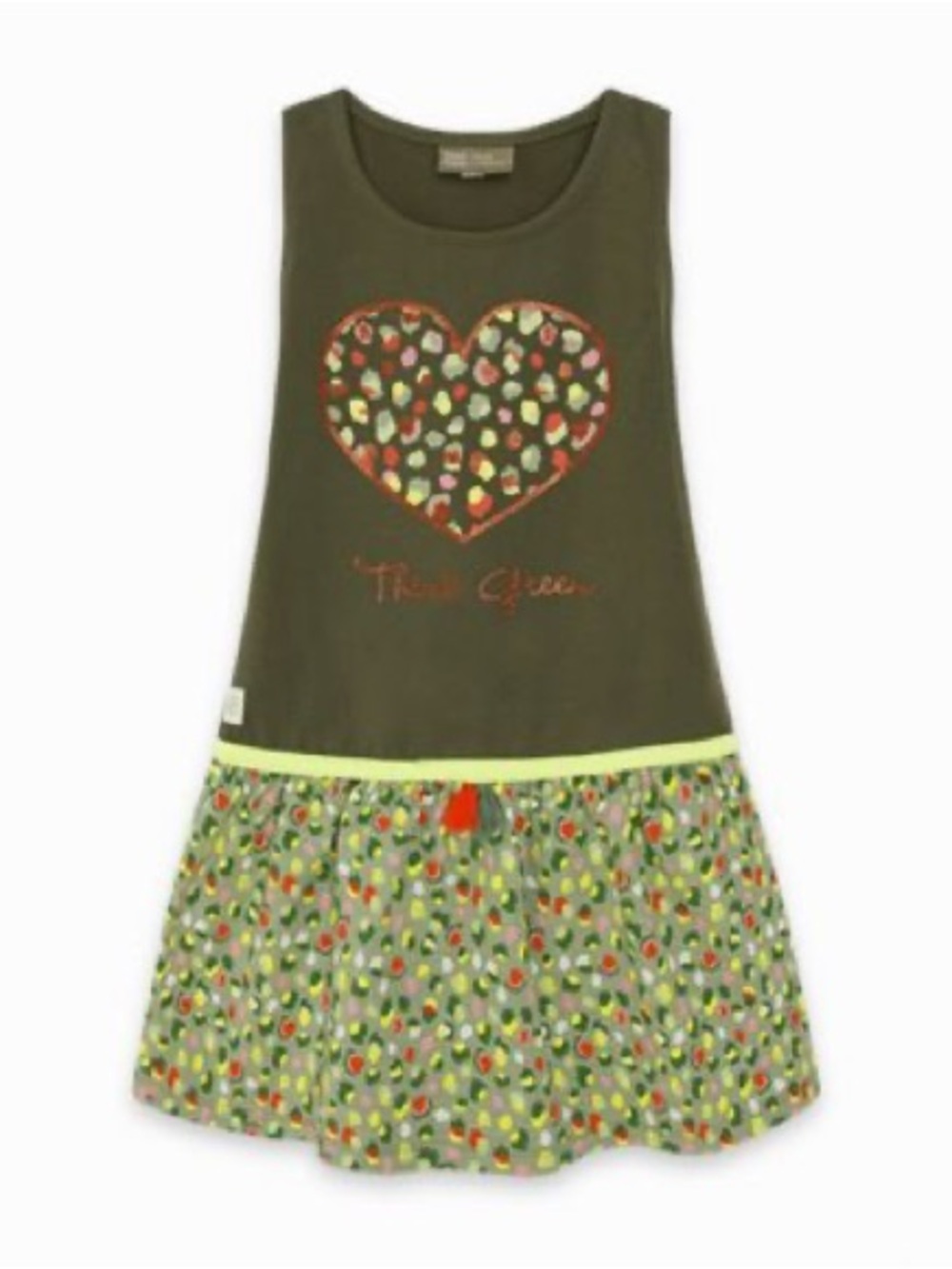 Girls Olive Green Heart Print Casual Dress